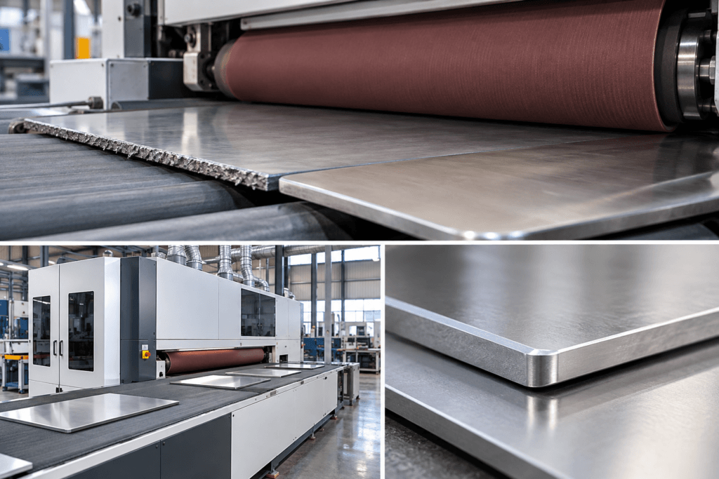 metal deburring machine removing burrs from sheet metal