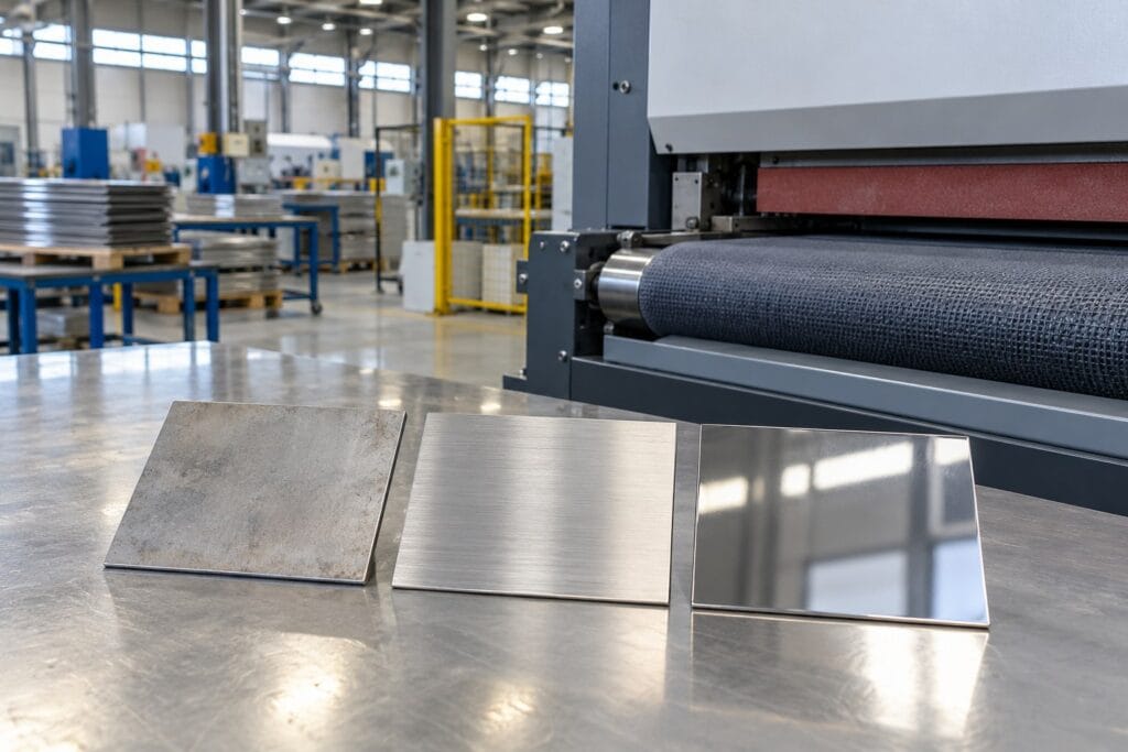 Metal polishing machine sample test with three different metal surface finishes